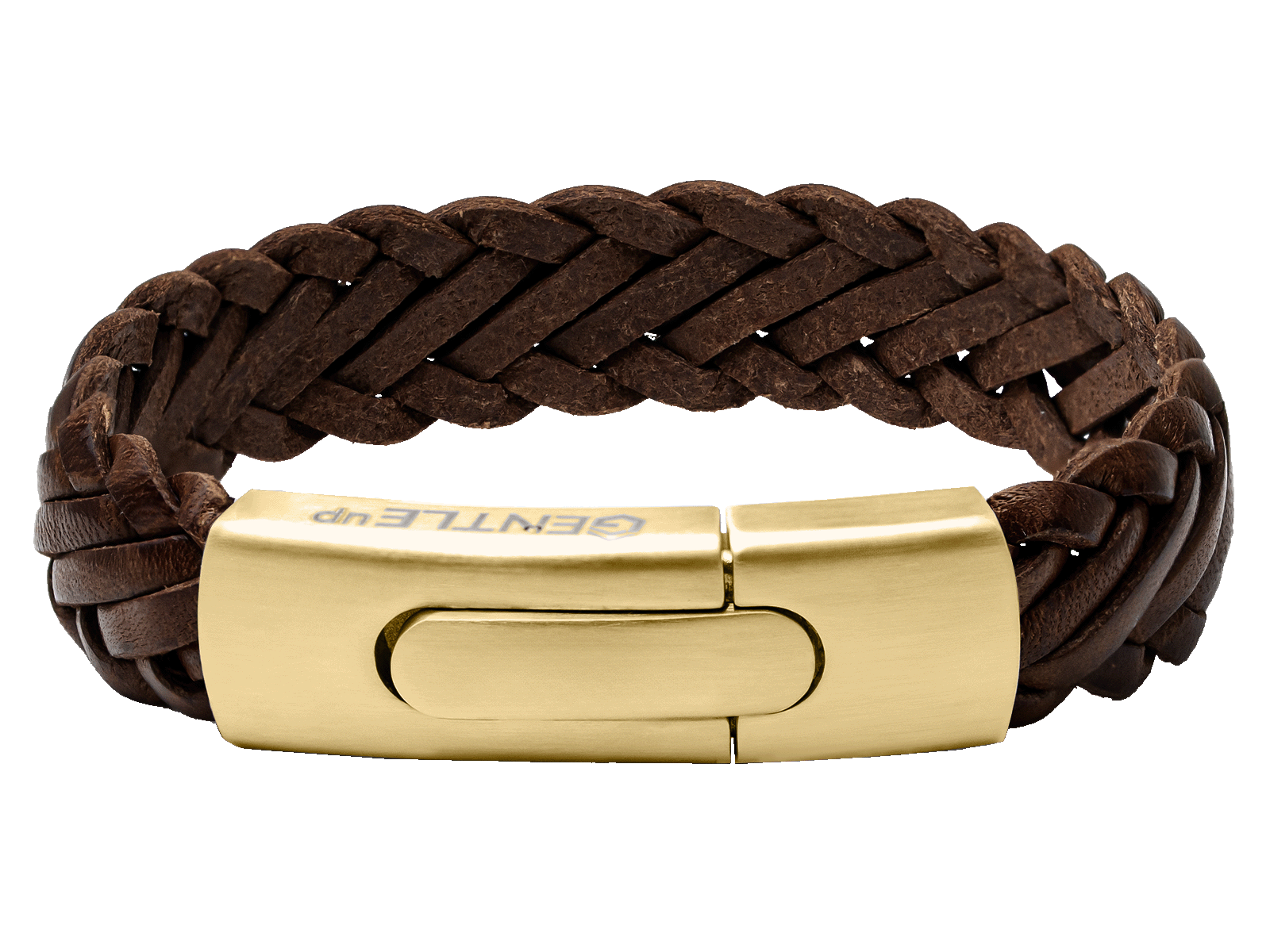 Herrenarmband Leder geflochten breit braun Gold Gravurarmband