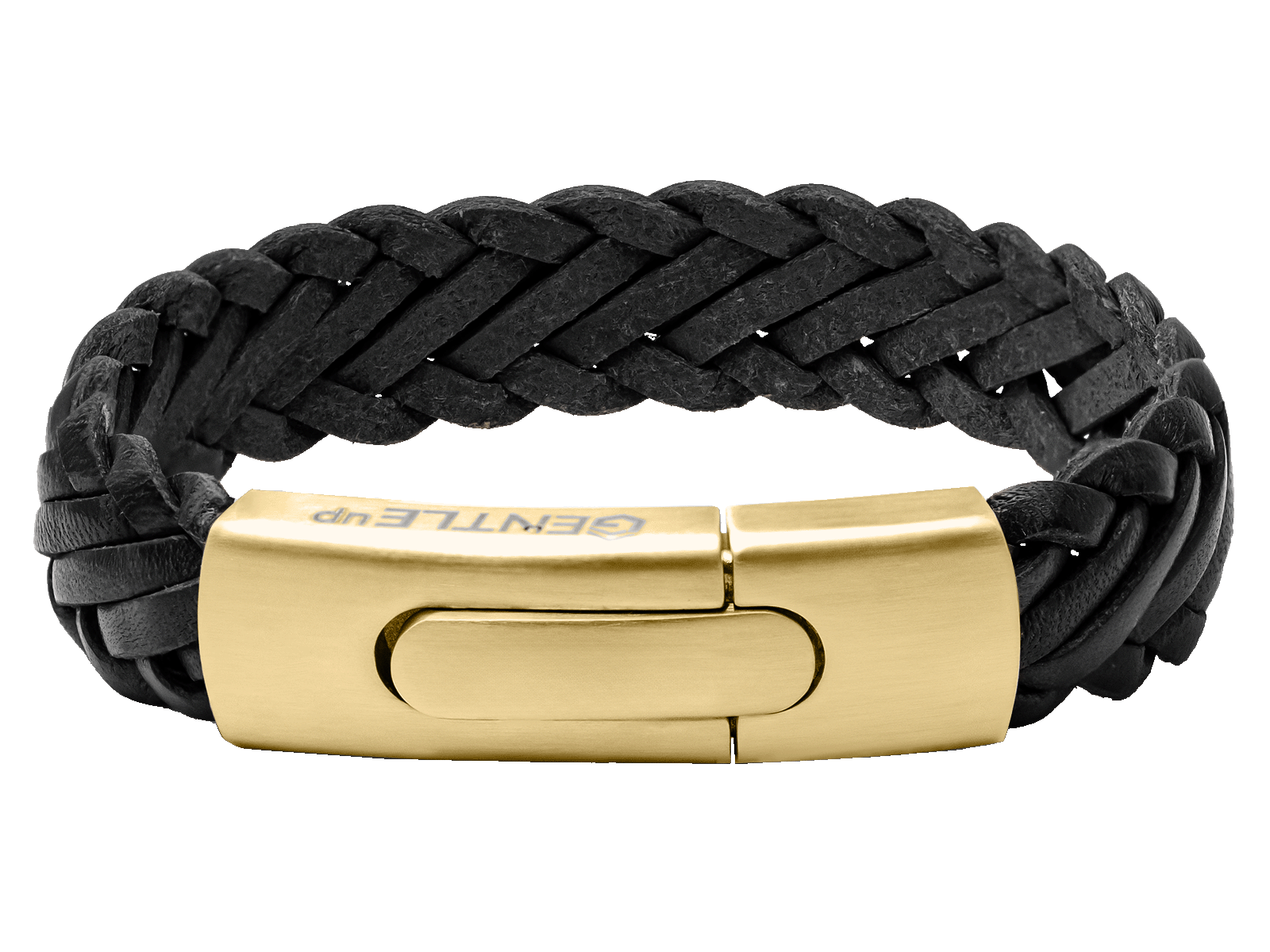 Herrenarmband Leder geflochten breit schwarz Gold Gravurarmband