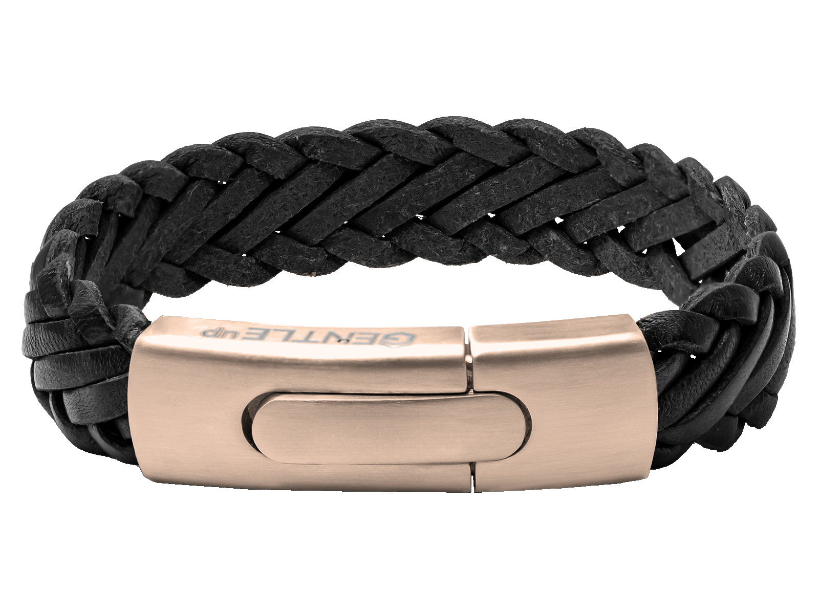 Herrenarmband Leder geflochten breit schwarz Roségold Gravurarmband