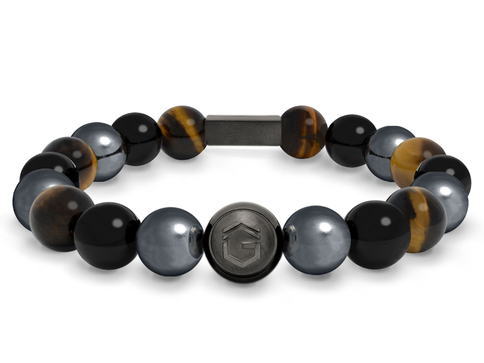 Kugelarmband Armband Perlen Hämatit Onyx Tigerauge Gravur Geschenk Herren Männer GunMetal grau braun herrenarmband