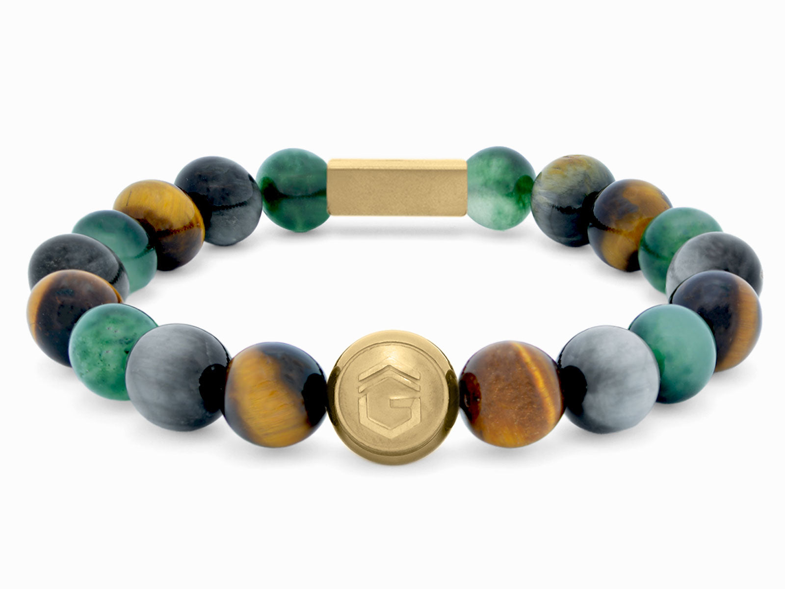 Kugelarmband Armband Perlen Jaspis Adlerauge Tigerauge Gravur Geschenk Herren Männer Gold grün braun herrenarmband Edelstein