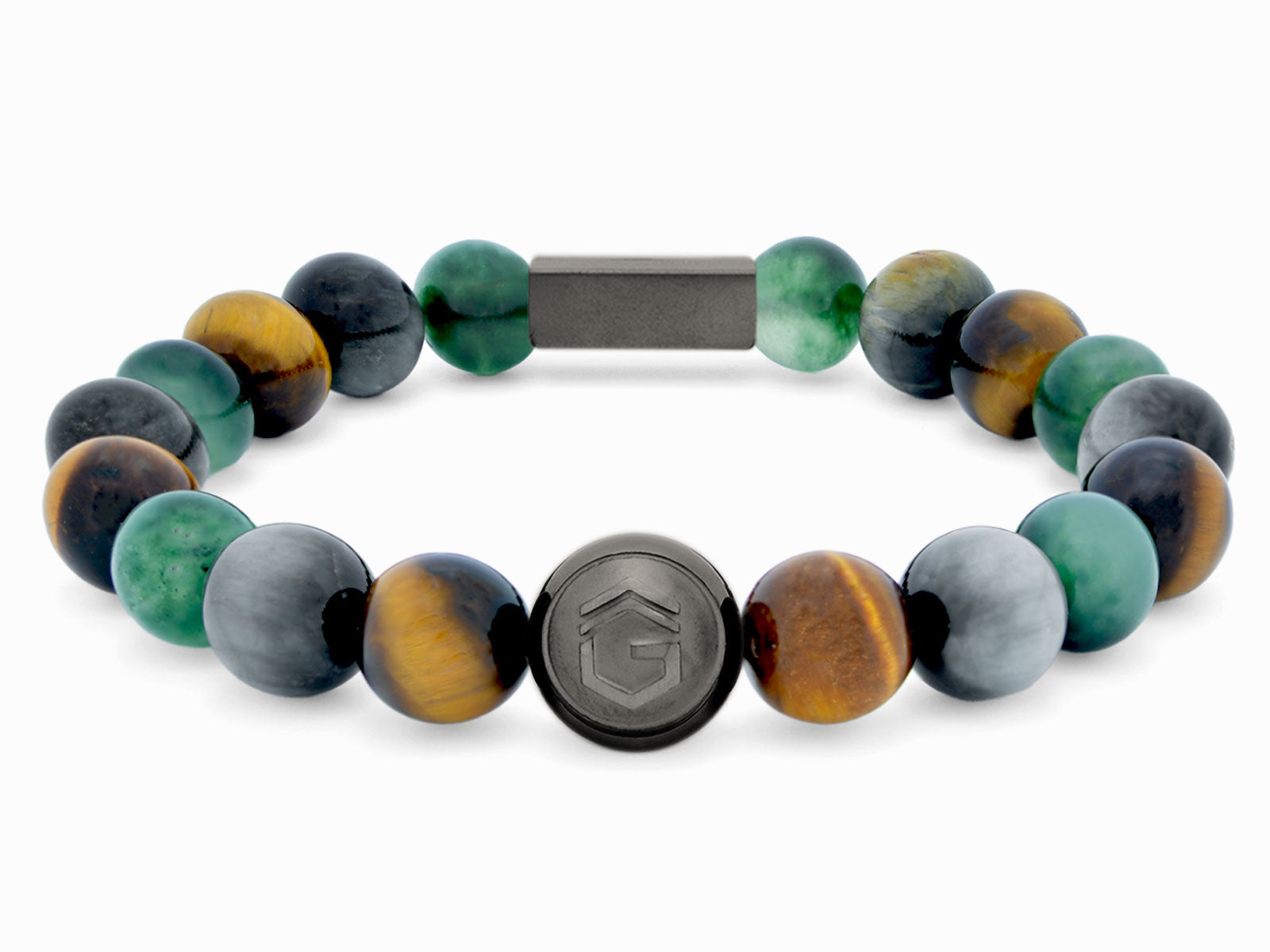 Kugelarmband Armband Perlen Jaspis Adlerauge Tigerauge Gravur Geschenk Herren Männer gunmetal grün braun herrenarmband Edelstein