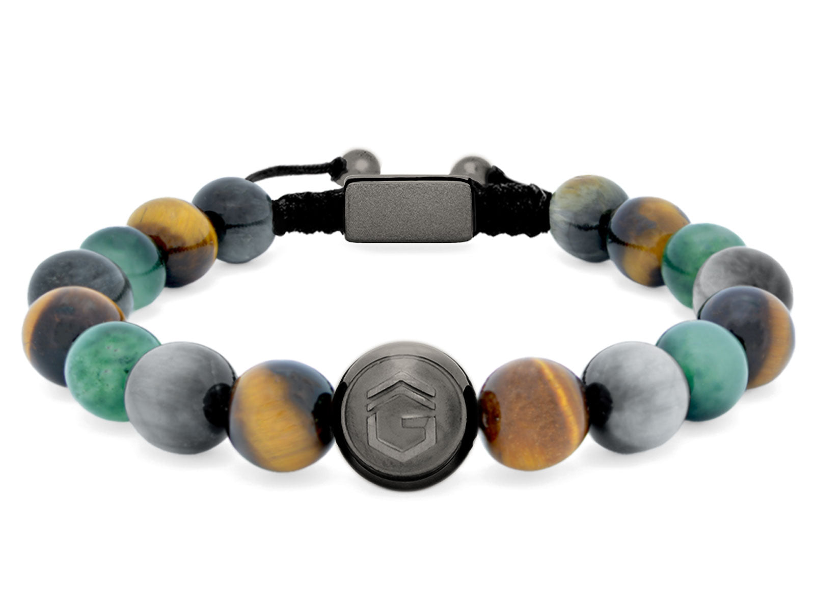 Kugelarmband Armband Perlen Jaspis Adlerauge Tigerauge Gravur Geschenk Herren Männer gunmetal grün braun herrenarmband Edelstein