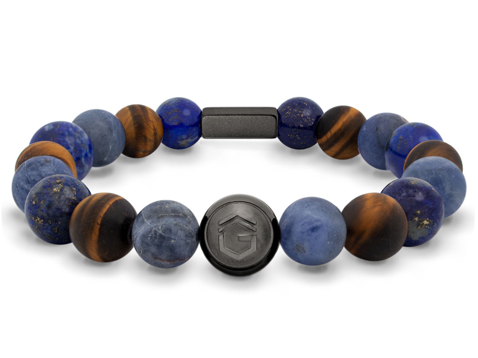 Kugelarmband Armband Perlen Lapis Lazuli Tigerauge Gravur Geschenk Herren Männer GunMetal herrenarmband