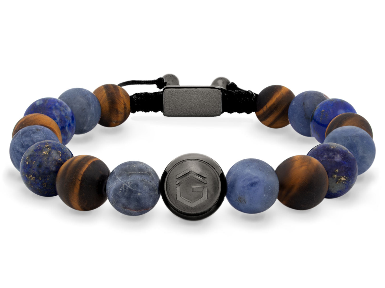 Kugelarmband Armband Perlen Lapis Lazuli Tigerauge Gravur Geschenk Herren Männer gunmetal blau braun herrenarmband