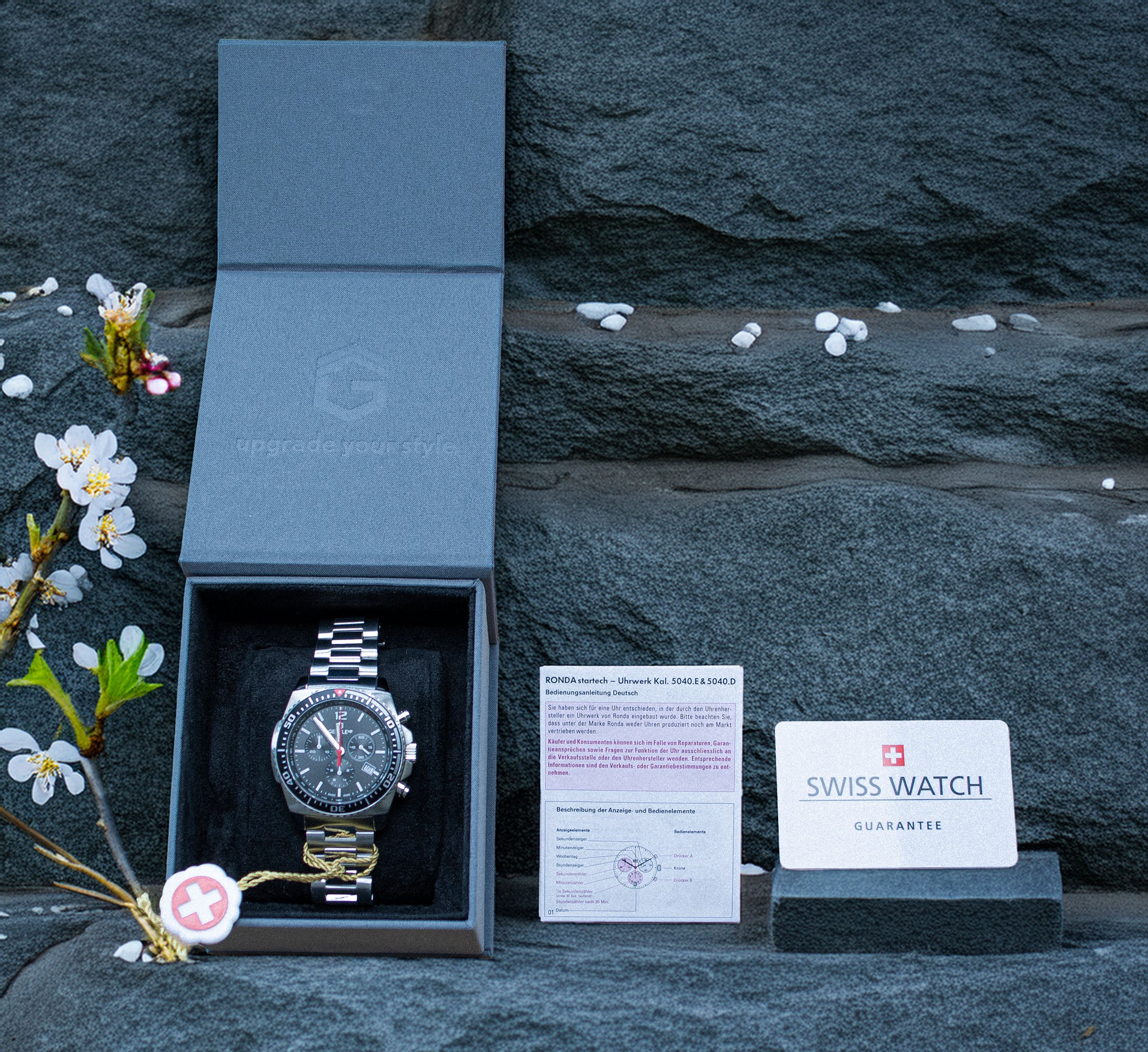 Schweizer Uhr SPORTSMAN Rot-Silber mit 13 vergoldeten Steinen