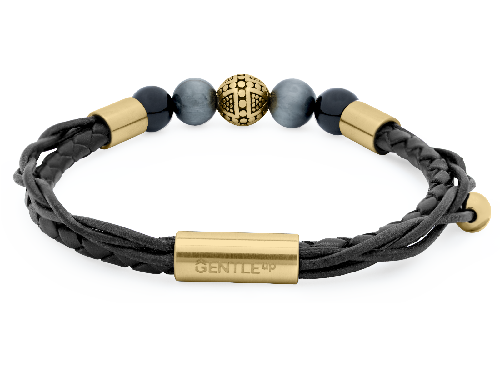 Herrenarmband TERRA GelbGold • Leder Schwarz | Onyx-Adlerauge