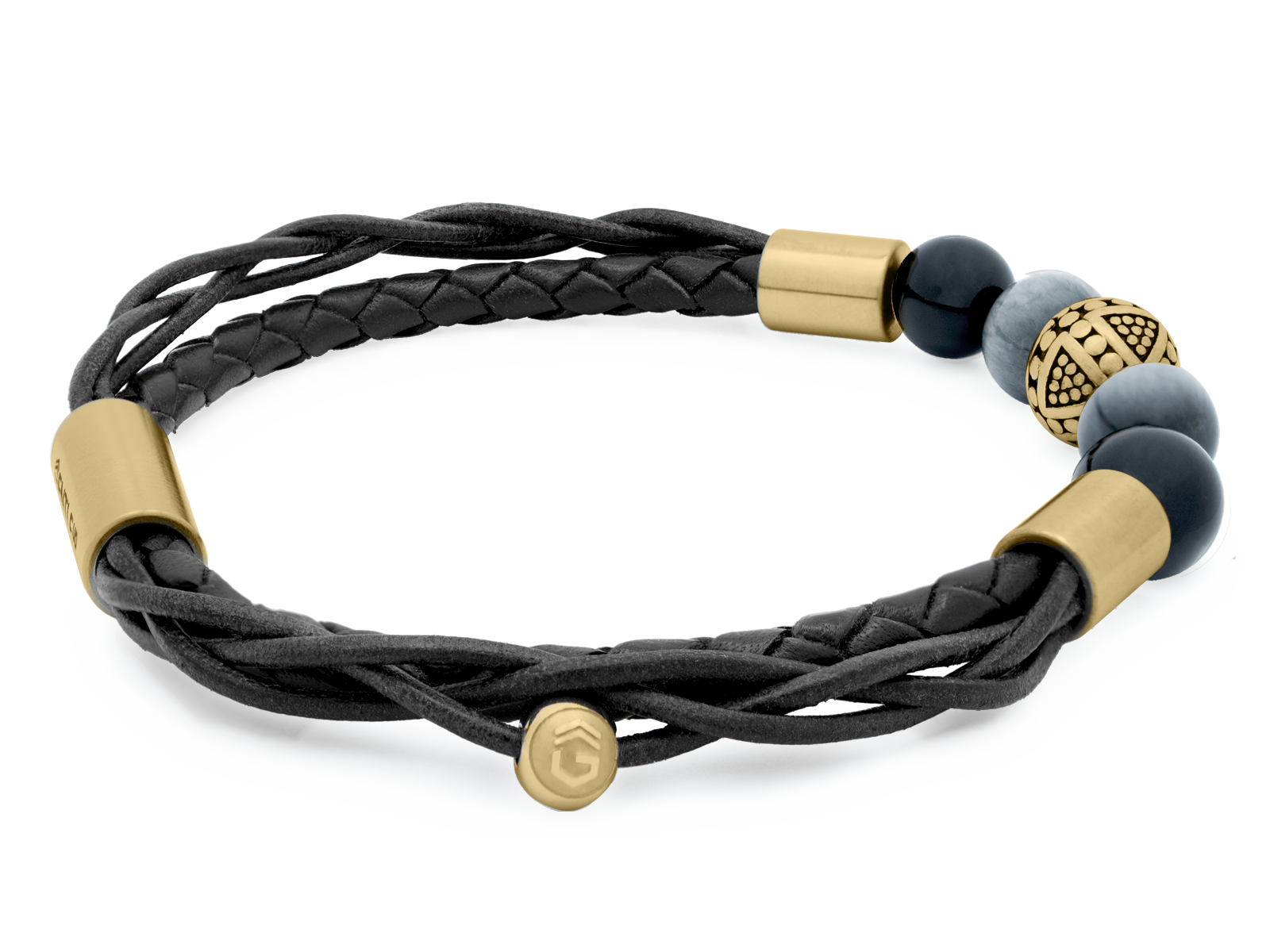 Herrenarmband TERRA GelbGold • Leder Schwarz | Onyx-Adlerauge