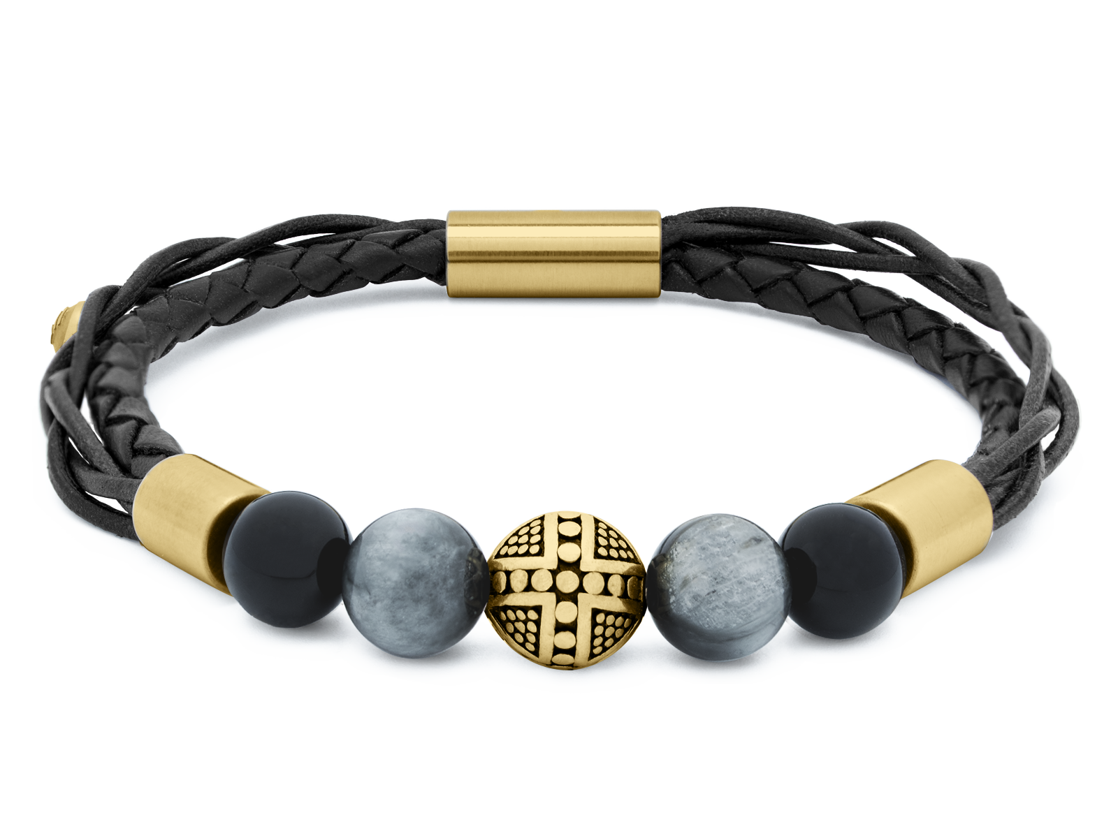 Herrenarmband TERRA GelbGold • Leder Schwarz | Onyx-Adlerauge