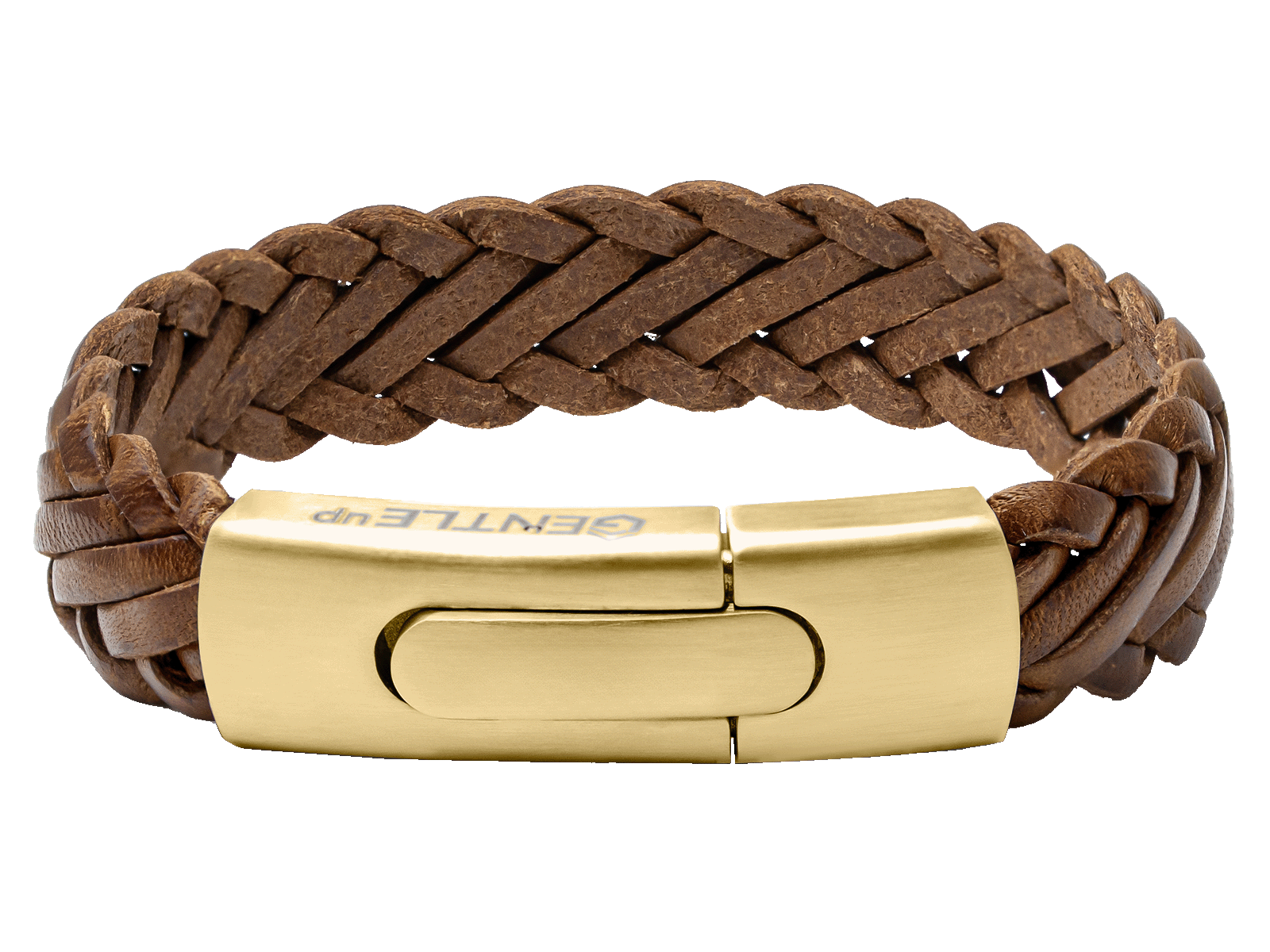 Herrenarmband Leder geflochten breit hellbraun Cognac Gold Gravurarmband