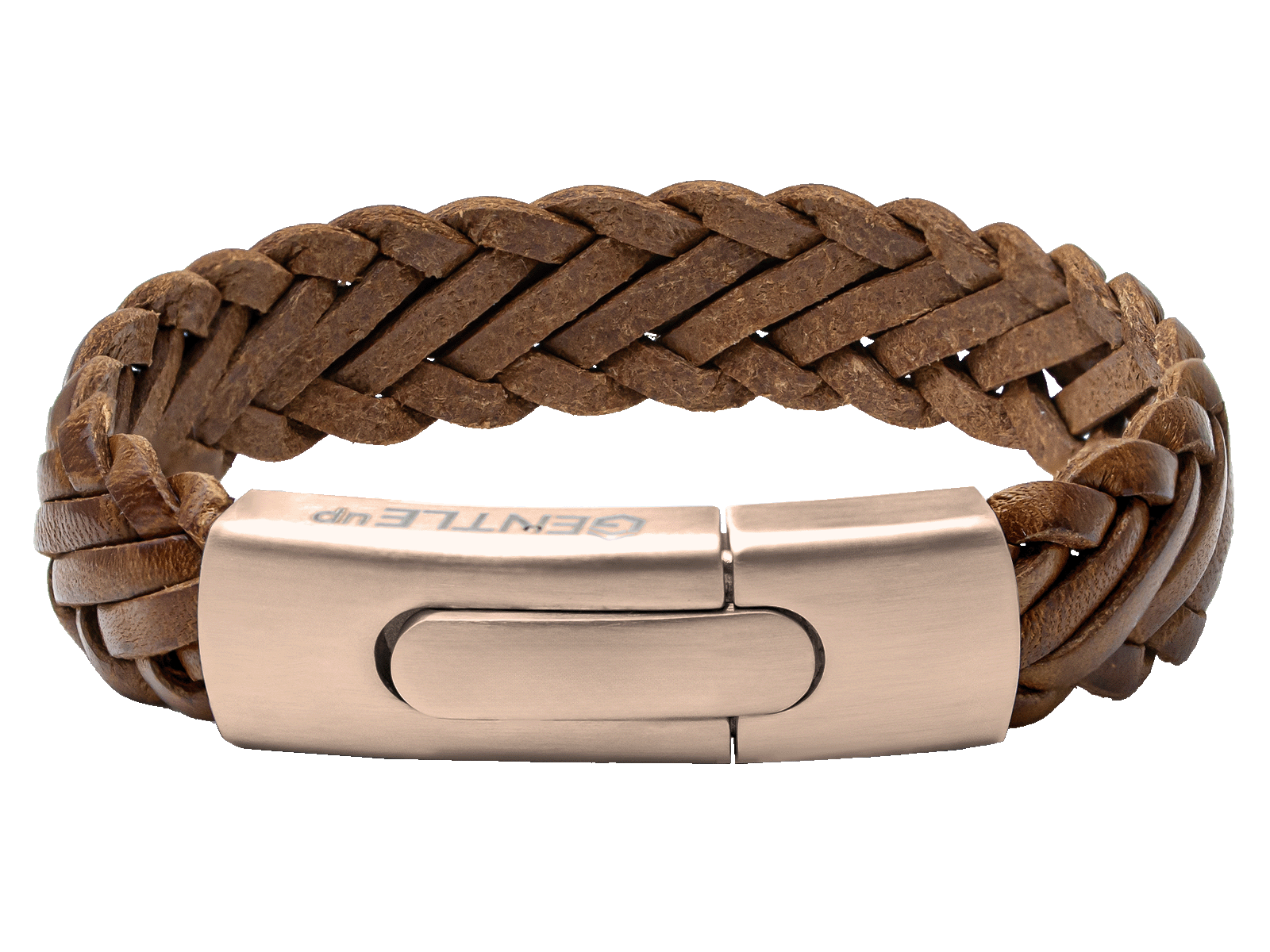 Herrenarmband Leder geflochten breit hellbraun Cognac Roségold Gravurarmband