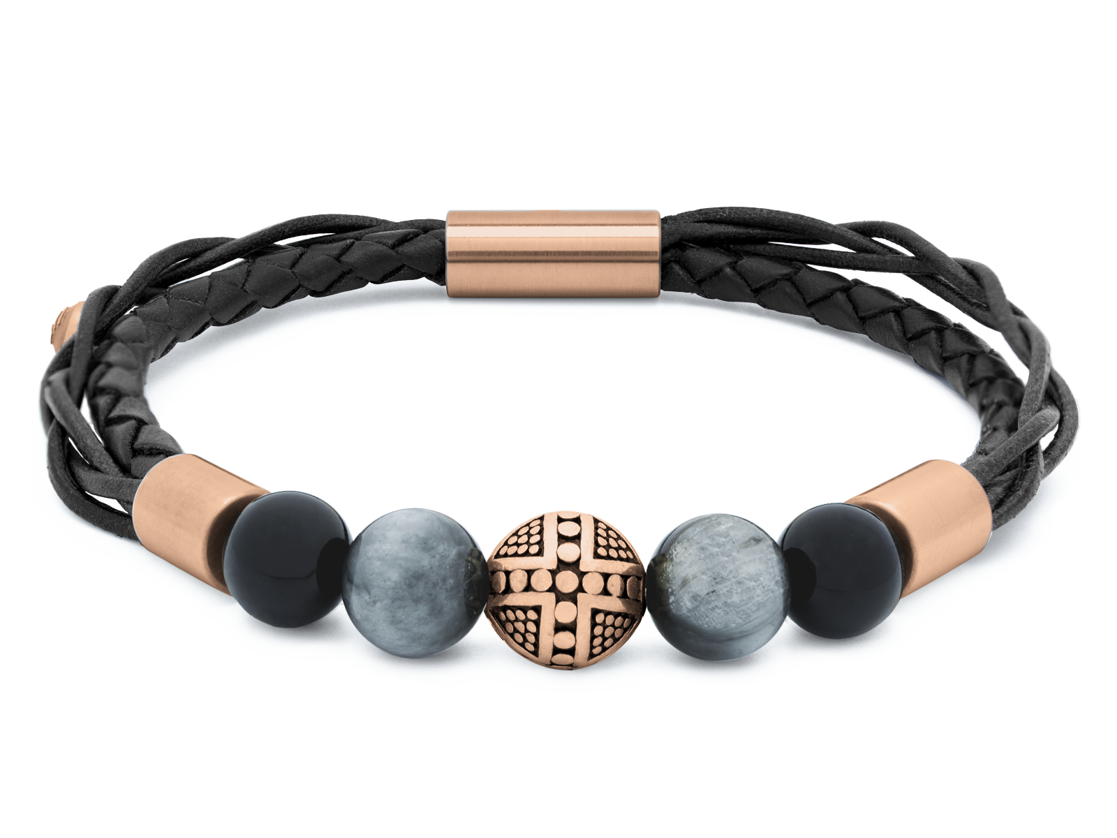 Herrenarmband TERRA RoséGold • Leder Schwarz | Onyx-Adlerauge